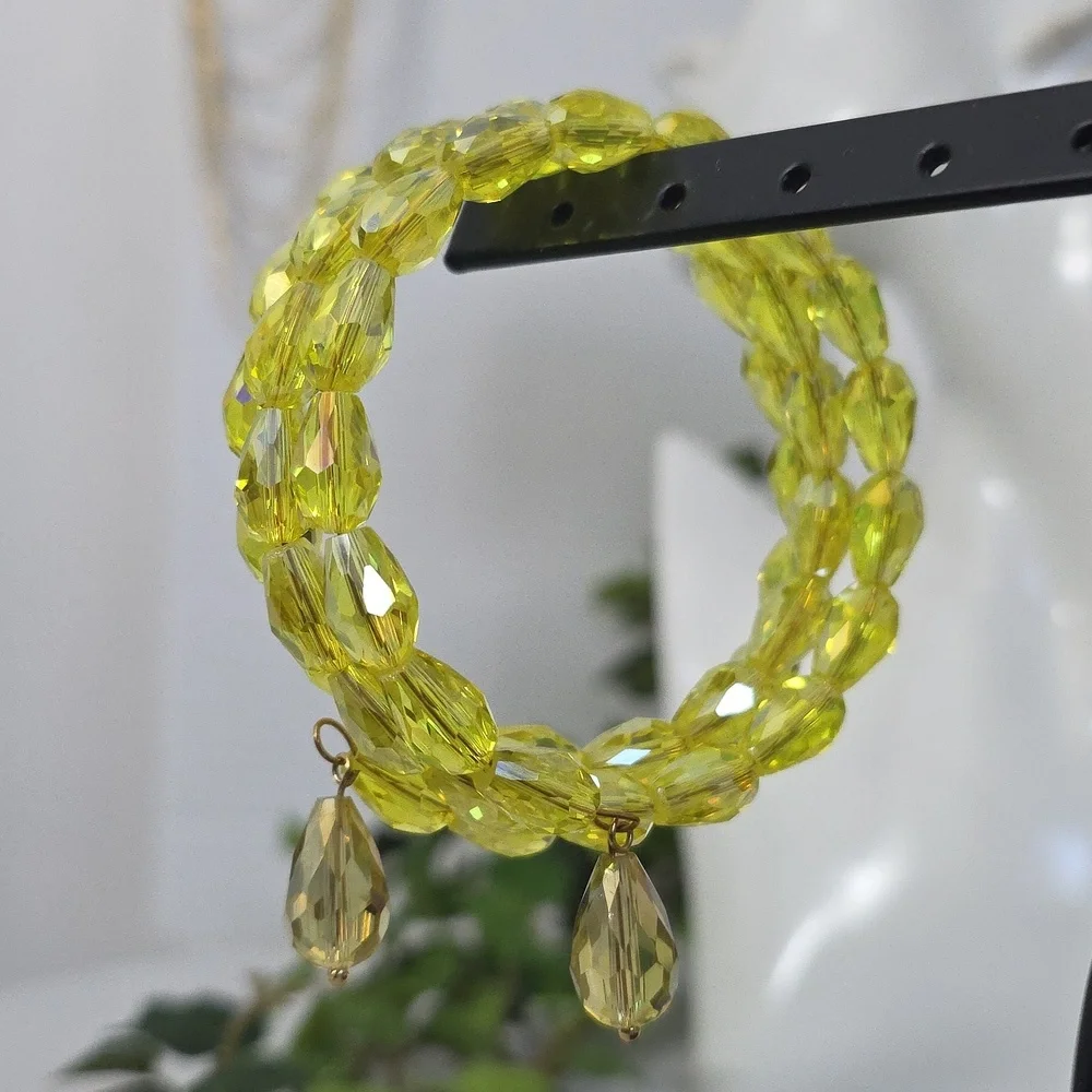 Yellow AB Crystal Coil Spiral Wrap Bracelet with Teardrop Charms